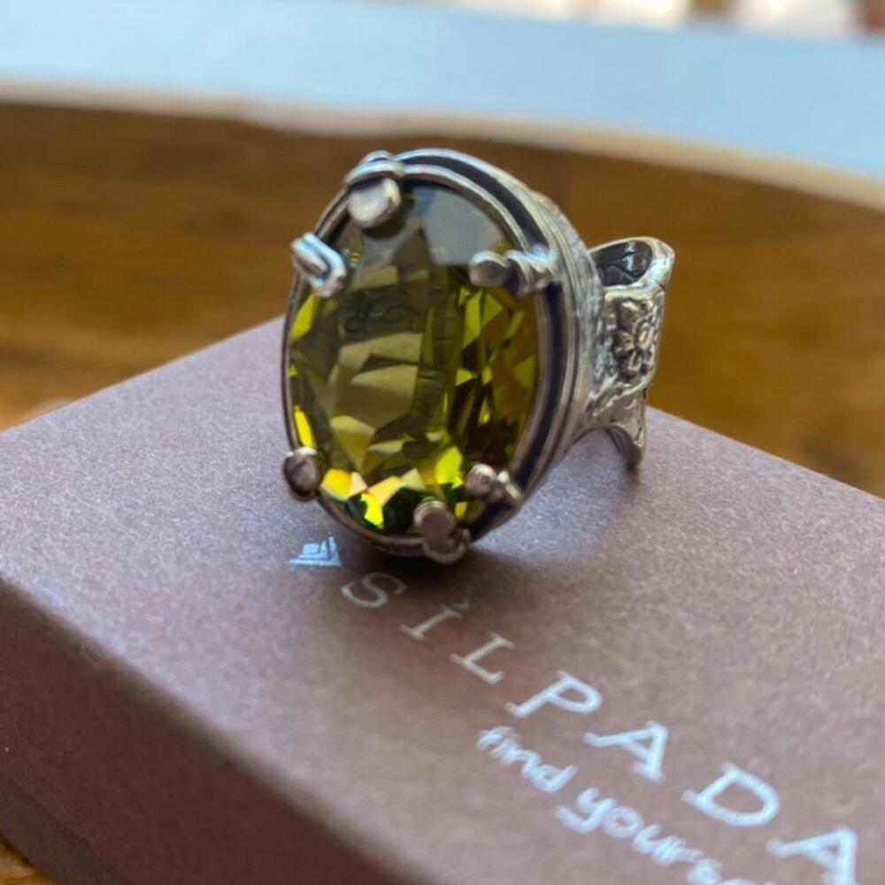 SILPADA 925 Sterling Swarovski Cocktail Ring OLAVINE Silver LARGE GREEN Stone 8